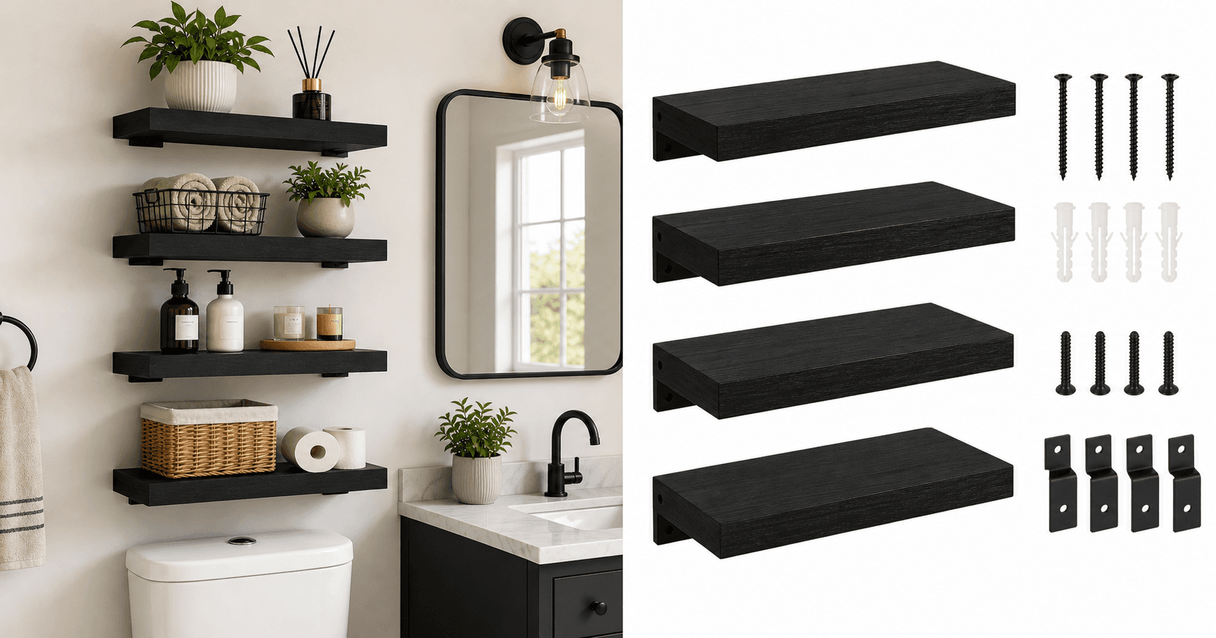 BAYKA Wall Mounted Floating Bathroom Shelves (Black, Set of 4): Compact Storage with Modern Appeal