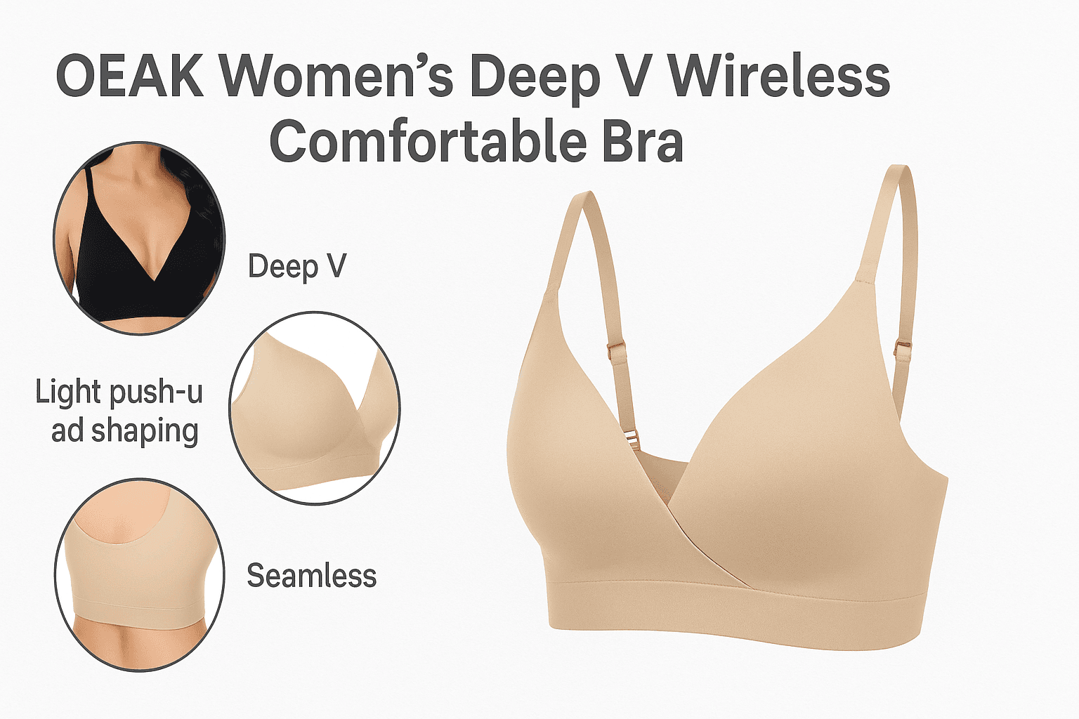 OEAK Women’s Deep V Wireless Push-Up Bralette: Seamless Support Without Underwire