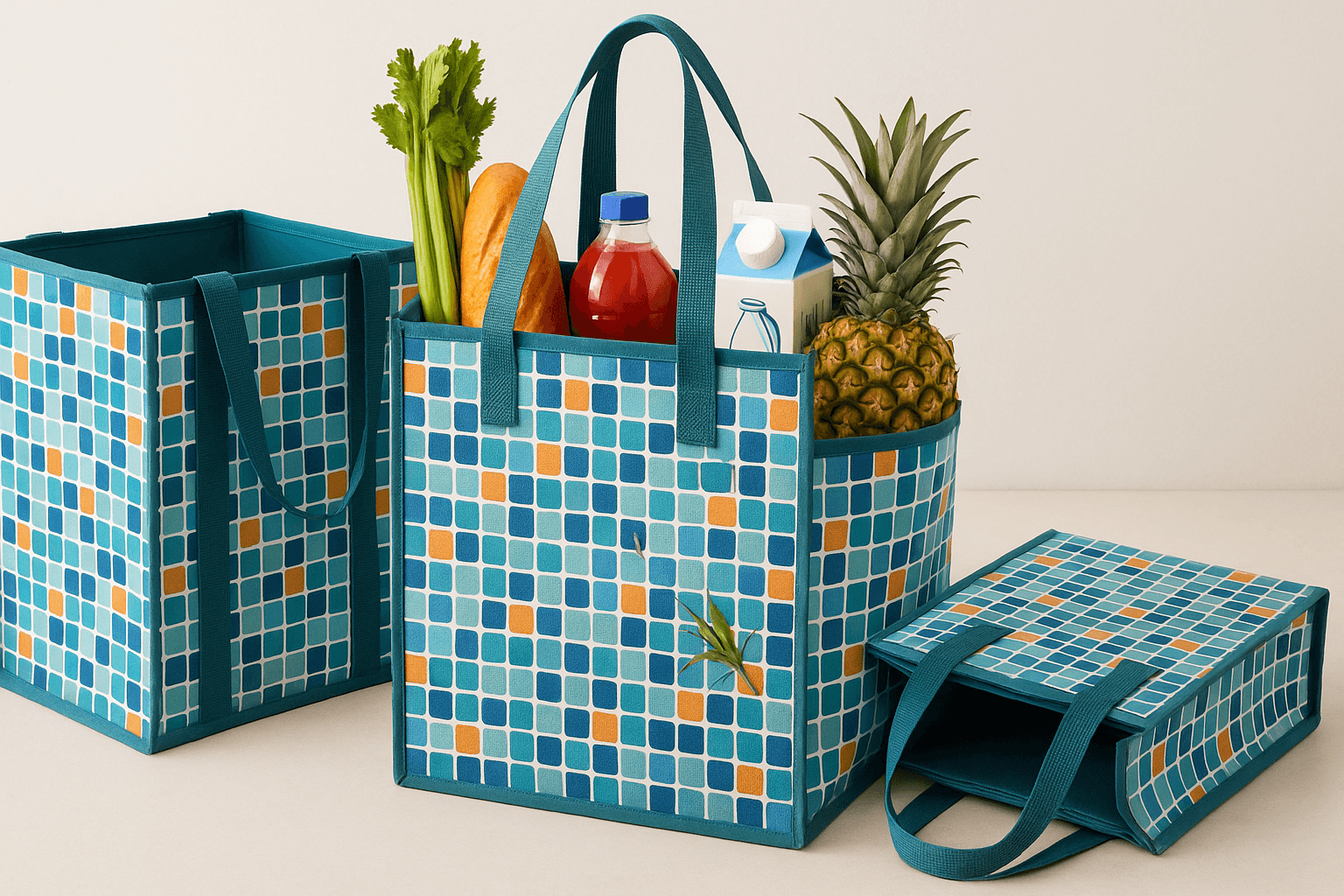 BALEINE 3Pk Reusable Grocery Bags (Mosaic): Foldable, Box-Style Totes for Organized Shopping