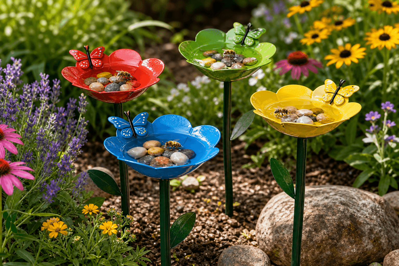 Retyion 4 Pack Bee Watering Station Review: Colorful Pollinator Baths for Any Garden