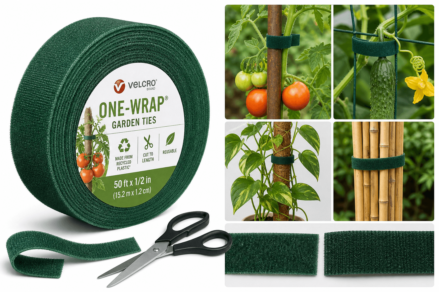 VELCRO Brand ONE-WRAP Garden Ties (50 ft x 1/2 in, Green-Recycled Plastic): Flexible Support for Everyday Gardening